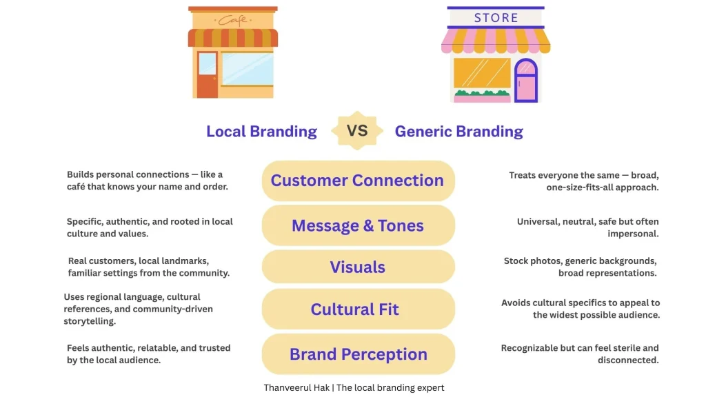 Infographic comparing local branding and generic branding, highlighting differences in customer connection, messaging, visuals, cultural fit, and brand perception to understand what is local branding.