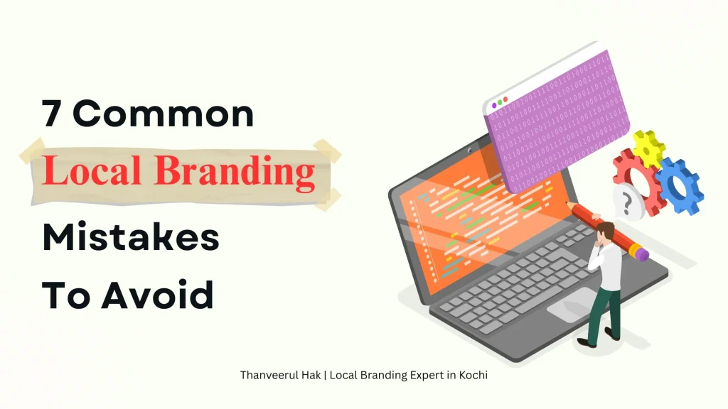 7 Common Local Branding Mistakes to Avoid – illustrated cover with a laptop, gears, code elements, and a person symbolising strategy and branding analysis.