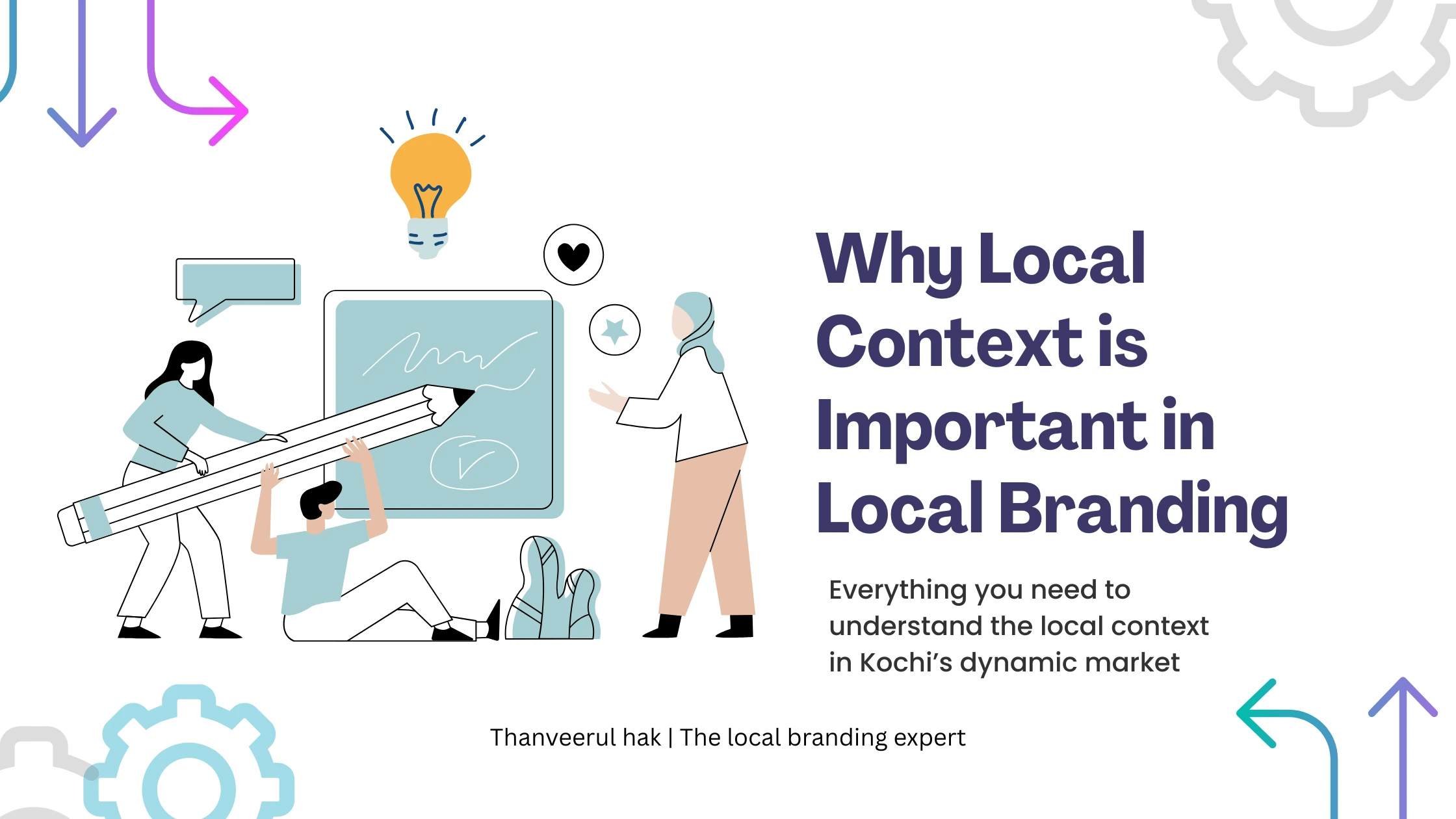 Illustration showing a branding team collaborating with visuals of strategy, ideas, and local context—emphasising why local context matters for branding in Kochi.