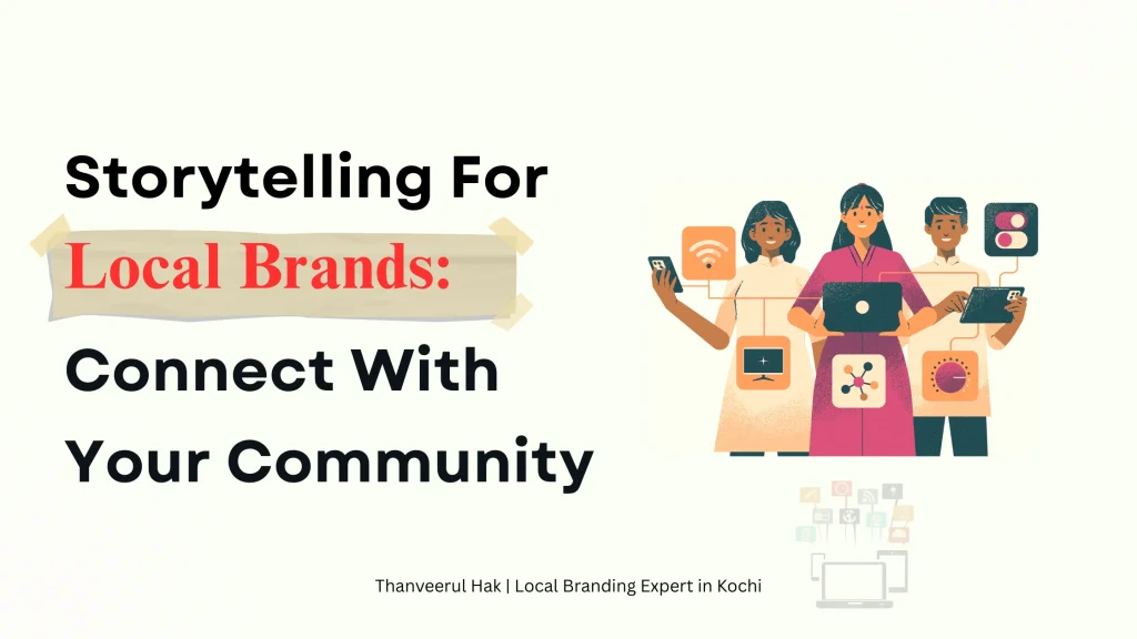 Storytelling for local brands: connect with your community- illustrated cover with a branding expert team with branding tools and softwares.